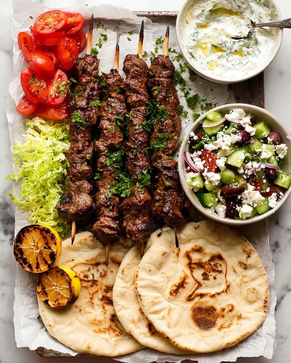 The image shows several small tacos arranged closely on a white marbled surface. Each taco is made with a soft, lightly charred flatbread folded in half, holding layers of dark, grilled meat chunks with a slightly shiny, juicy texture. Inside, there is also fresh green shredded lettuce and bright red tomato slices that peek out from the sides. On top of the meat, there is a dollop of white, creamy sauce with small green herb pieces mixed in. The tacos fill most of the frame, giving a close-up, detailed look at the textures and colors. photo taken with an iphone --ar 4:5 --v 7
