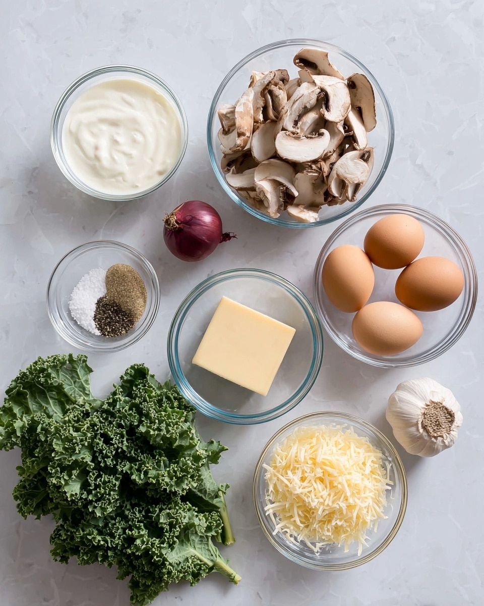The image shows an overhead view of cooking ingredients arranged on a white marbled surface. There are seven clear glass bowls: one at the top left filled with white cream, one at the right center filled with sliced light brown mushrooms, one at the bottom right filled with brown eggs, one at the center with a small square of pale yellow butter, one below the butter filled with grated light yellow cheese, and one above the kale with a mix of white salt and black pepper. A small red onion and a garlic clove are placed together near the bottom left, next to a bunch of fresh green curly kale leaves. The colors are natural and fresh, with the whites of the bowls contrasting with the earthy tones of the ingredients. photo taken with an iphone --ar 4:5 --v 7