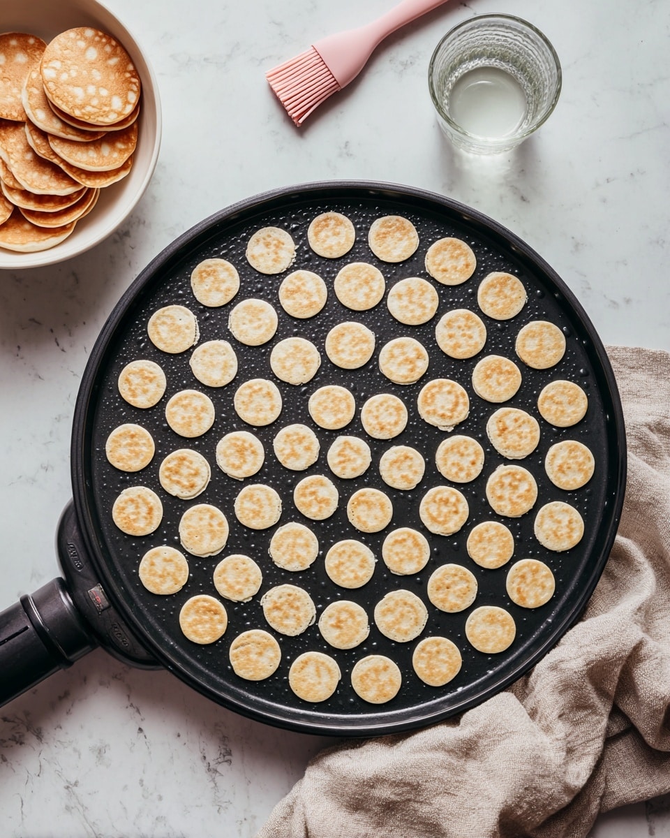 A black round griddle filled with many tiny, light golden pancake batter dots evenly spread across the surface, cooking to small circular shapes. To the left, a white bowl holds a stack of cooked mini golden-brown pancakes. Next to the bowl is a pink pastry brush, and a transparent glass cup filled with water sits above it. A beige cloth lies loosely draped on the right side of the griddle over a white marbled surface. photo taken with an iphone --ar 4:5 --v 7
