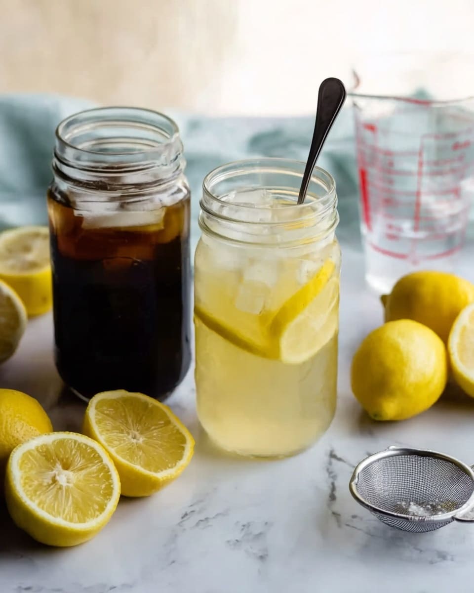 The image shows two tall clear glass jars placed on a white marbled surface. The jar on the right contains a pale yellow drink with ice cubes and two thin slices of lemon inside; a metal spoon is resting in this jar. The jar on the left is filled with a dark brown liquid, likely syrup. Around the jars, there are several yellow lemon halves and whole lemons arranged casually. A metal tea strainer lies on the surface near the jars, and an empty clear glass measuring cup with red markings is placed in the background. The setting has a light and fresh feel, with soft, natural lighting. photo taken with an iphone --ar 4:5 --v 7