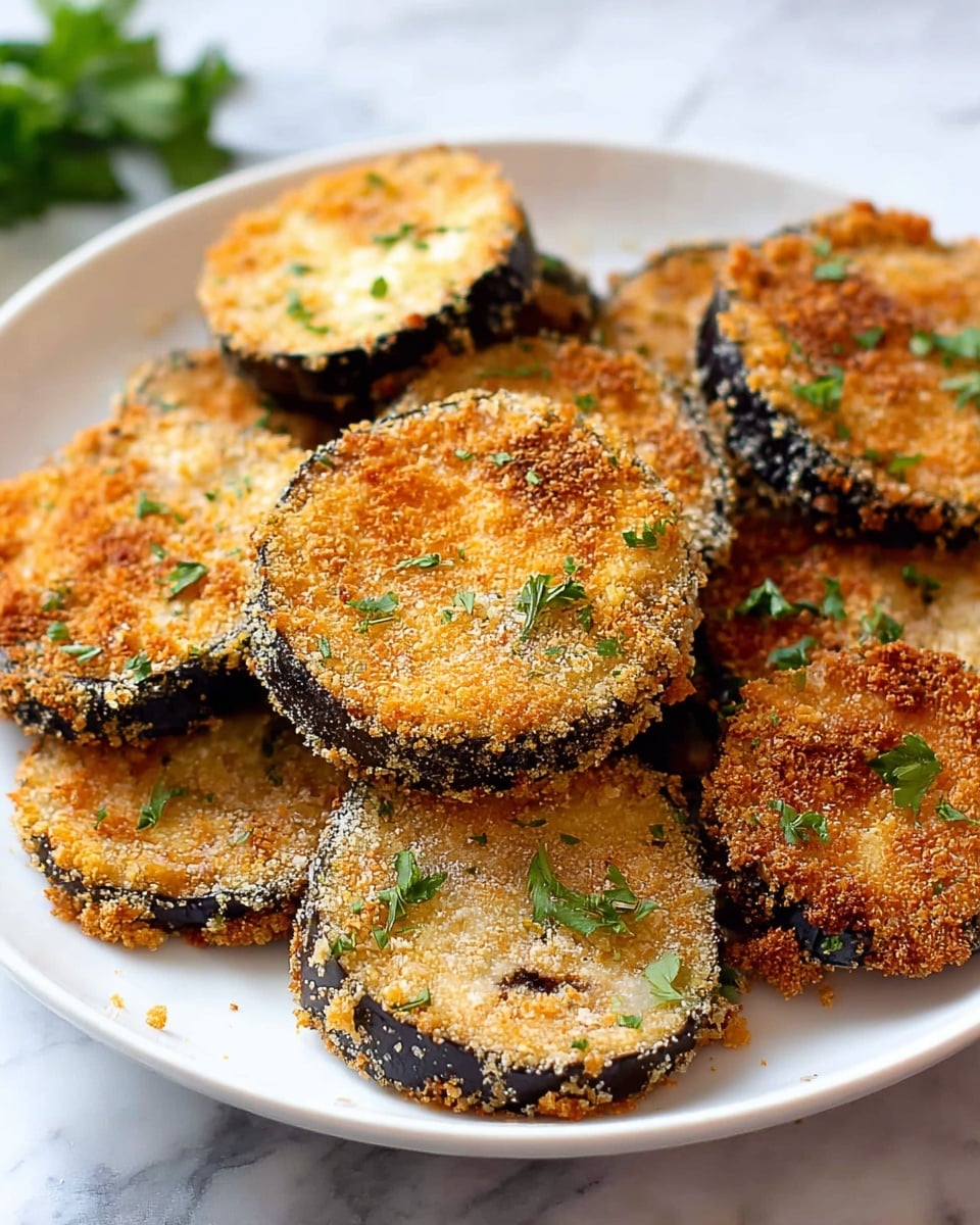 The image shows a white plate filled with several round pieces of fried eggplant. Each piece has a crispy, golden-brown breadcrumb coating with a slightly rough and crunchy texture. The edges of the eggplant slices show the dark purple skin, contrasting with the lighter golden color of the fried crumb layer. Small green parsley leaves are sprinkled on top, adding bits of fresh green color over the crunchy surface. The plate is placed on a white marbled surface, adding subtle shine and texture underneath. photo taken with an iphone --ar 4:5 --v 7