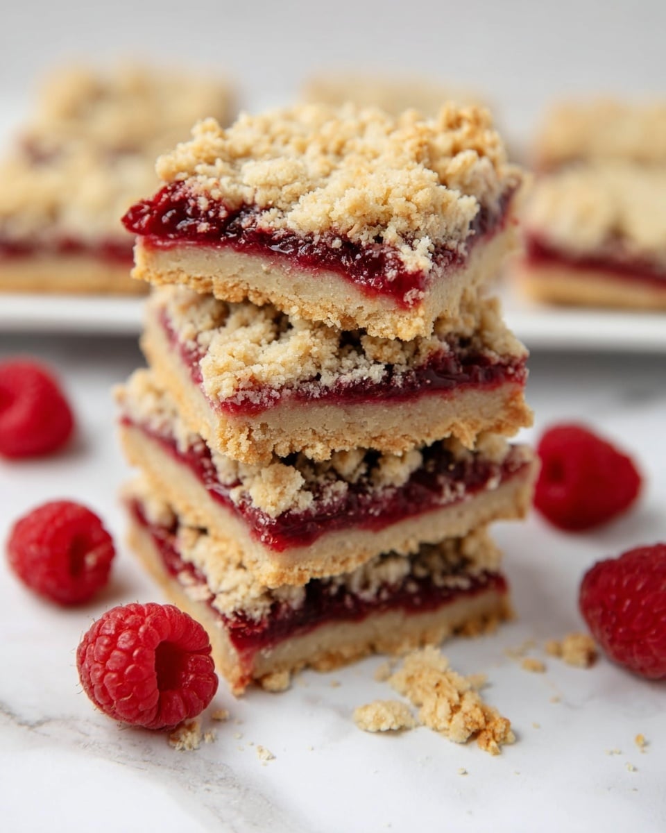 The image shows a stack of four square raspberry crumble bars on a white plate with a white marbled surface. Each bar has three layers: a light golden firm base, a bright red raspberry jam middle layer, and a crumbly, pale beige oat streusel topping. The bars are slightly uneven at the edges, surrounded by loose crumbs and fresh whole raspberries scattered on the plate. In the background, two more bars are visible but blurred. The photo taken with an iphone --ar 4:5 --v 7