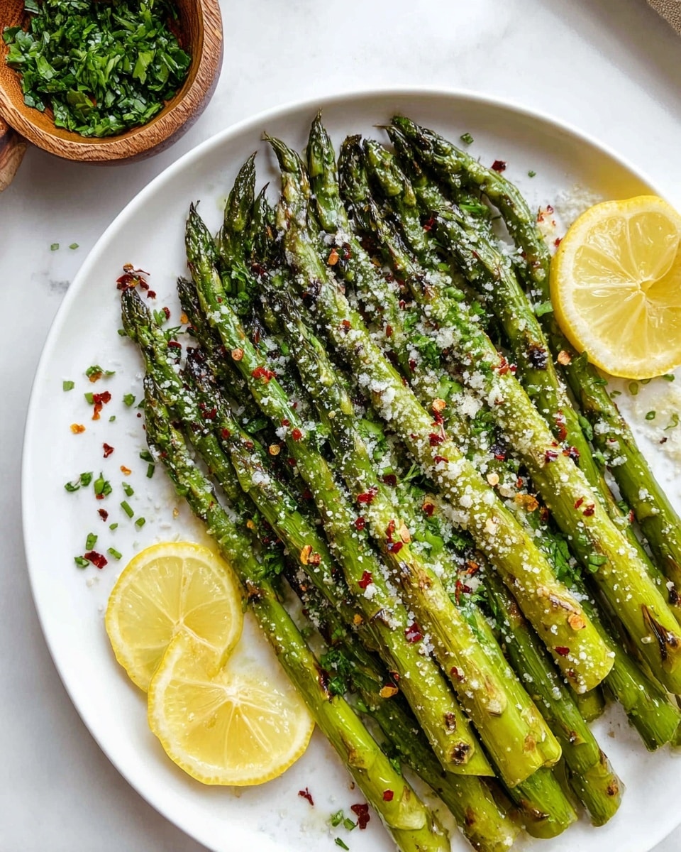 The image shows a white plate with one layer of grilled green asparagus spears arranged neatly side by side, some showing slight char marks. The asparagus is sprinkled with a light dusting of grated cheese, red pepper flakes, and small chopped green herbs. On top and around the asparagus, there are three thin lemon slices adding a yellow contrast. In the upper left corner of the image, a small wooden bowl filled with chopped green herbs is visible, all placed on a white marbled surface. photo taken with an iphone --ar 4:5 --v 7