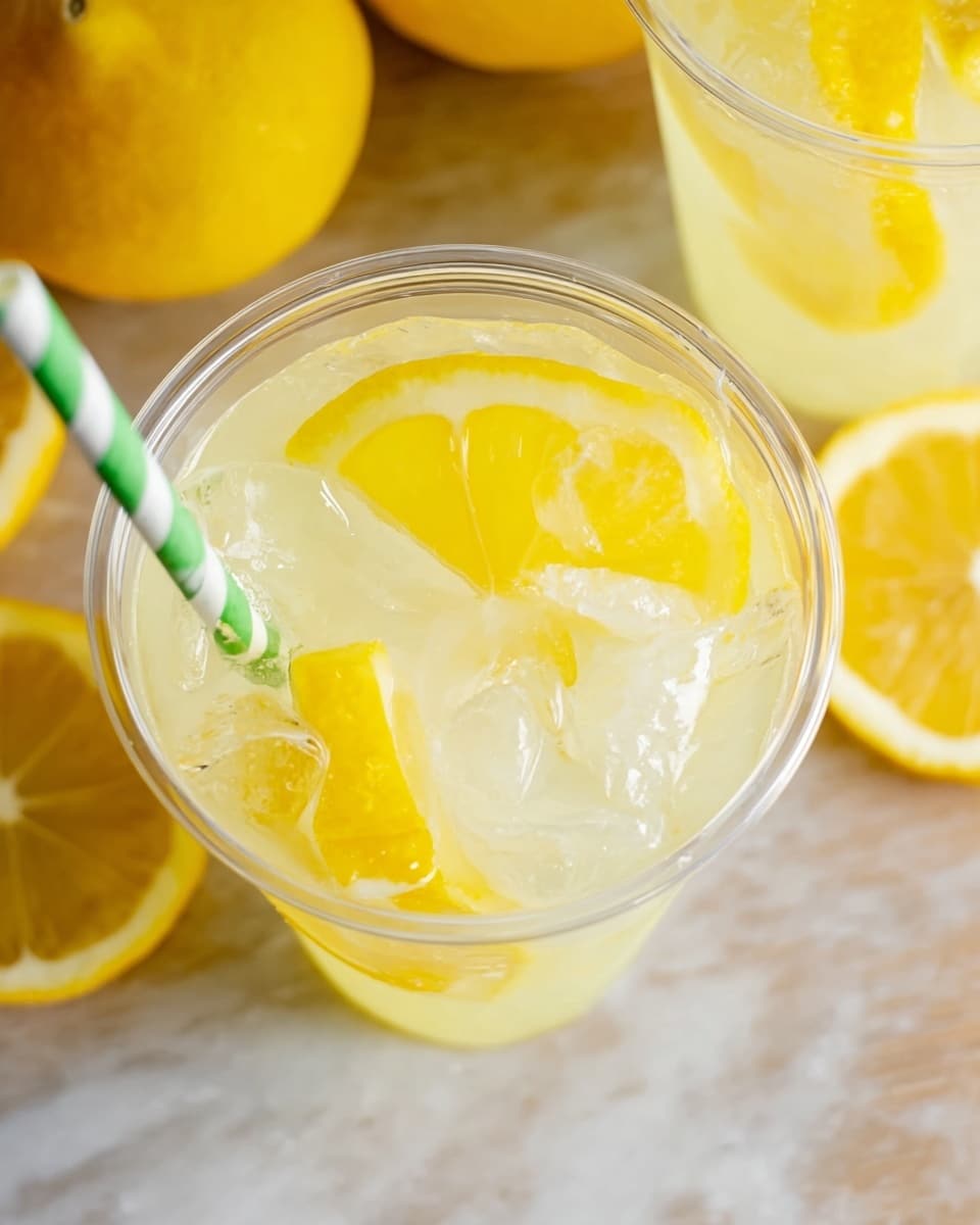 A close-up view of a clear cup filled with pale yellow lemonade containing several ice cubes, with bright yellow lemon wedges and slices floating near the top. A green and white striped paper straw is inserted on the left side of the cup. In the background, partially visible are more lemon slices and another similar cup on a white marbled surface. The bright colors of the lemon and ice contrast with the soft, light background, creating a fresh and cool feeling. photo taken with an iphone --ar 4:5 --v 7