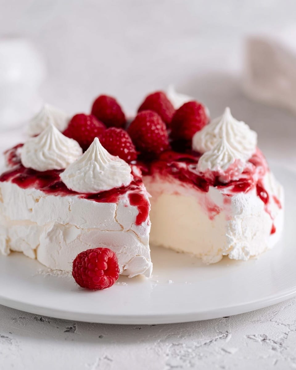The image shows a dessert with three layers on a white marbled surface. The bottom layer is a cracked, light tan meringue disc with a rough texture. On top of this is a thick, smooth layer of white whipped cream spread evenly. The third layer is a heap of bright red raspberries, fresh and plump, placed in the center. Some red syrup is visible around the berries, and a light dusting of powdered sugar is scattered over the whole dessert. Photo taken with an iphone --ar 4:5 --v 7