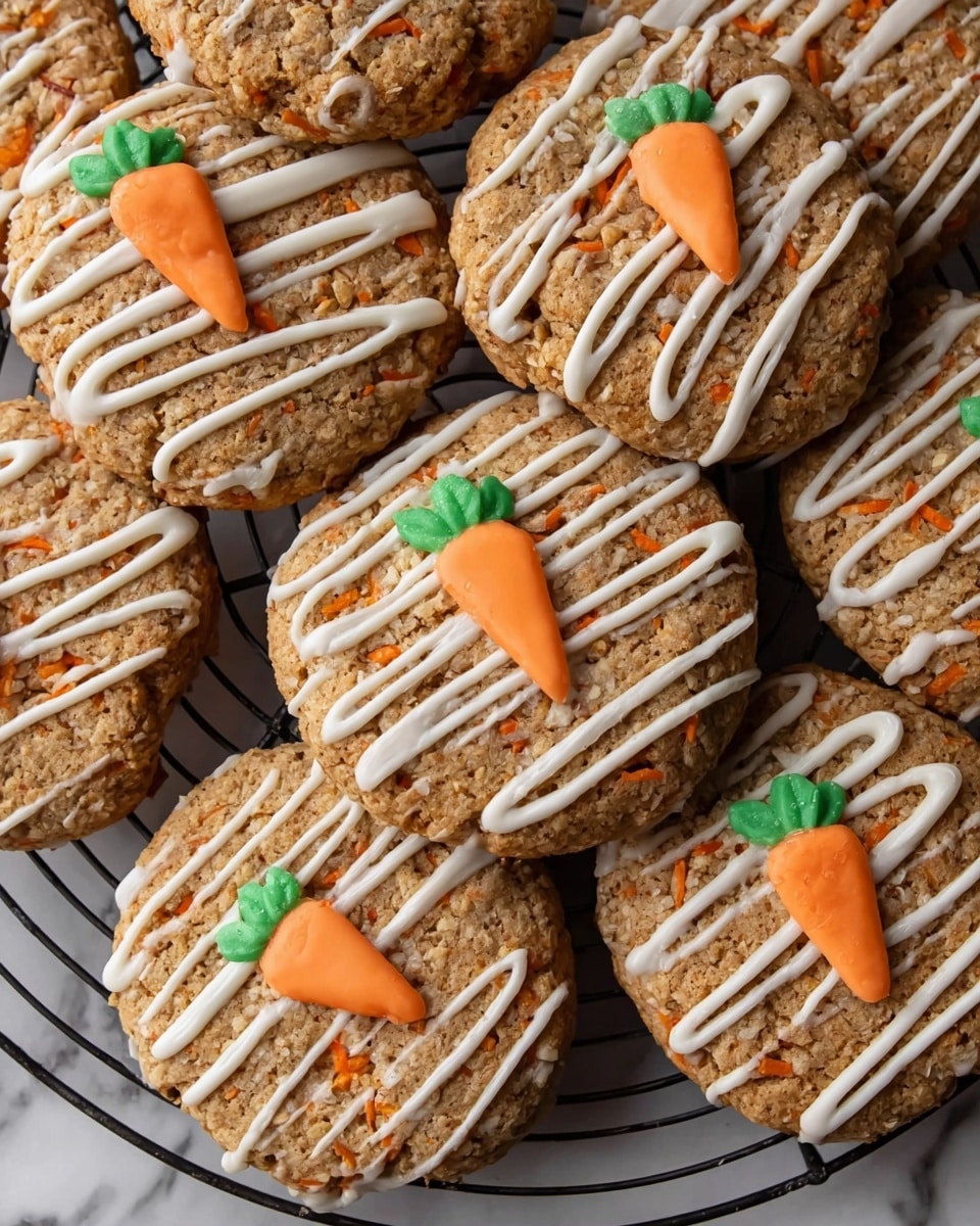 A group of round carrot cookies with a rough, textured light brown base and small pieces of orange carrot visible inside, arranged on a round black cooling rack over a white marbled surface. Each cookie is decorated with thin, irregular white icing lines drizzled across the top, and a small orange carrot-shaped candy with green leaves placed in the center. The cookies are close together, some overlapping slightly, showing a homemade and cozy feel. photo taken with an iphone --ar 4:5 --v 7