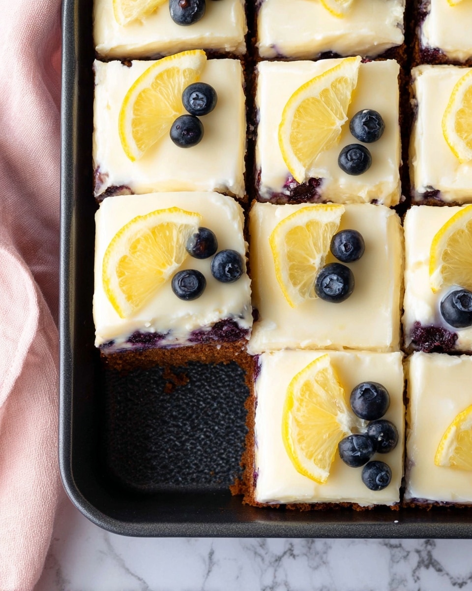 The image shows nine square pieces of lemon blueberry cake with three layers: a bottom dark brown cake layer with visible blueberry spots, a thick smooth white cream layer in the middle, and a shiny white frosting layer on top. Each piece is decorated with a small, thin pale yellow lemon slice and two dark blue blueberries placed close to each other near one corner. One piece is missing from the bottom left corner, showing the dark brown textured cake base inside a black rectangular pan. The pan rests on a white marbled surface with a soft pink cloth partially visible on the left side. photo taken with an iphone --ar 4:5 --v 7