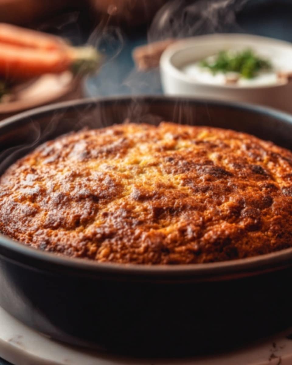 A thick round brown baked dish with a rough, textured top surface sits inside a black round pan. Steam rises gently from the warm dish, showing it is freshly baked. The background shows soft out-of-focus shapes, including a white bowl with a green garnish, placed on a white marbled surface. photo taken with an iphone --ar 4:5 --v 7