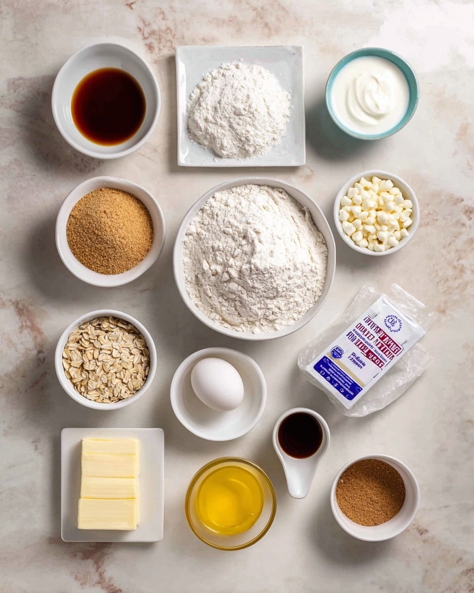 The image shows multiple small white bowls and containers arranged neatly on a white marbled surface filled with baking ingredients. At the center, there is a medium white bowl with a heap of white flour. Above it, to the right, there is a small white bowl of white cream or yogurt, while to the left, there's a tiny white cup with dark brown vanilla extract. To the far right, there is a small white bowl filled with granulated white sugar. Below the flour bowl, there is a wrapped stick of butter with a white and blue label. On the left side, there is a white bowl filled with light brown brown sugar, below it a white bowl with oats, and below that is a white measuring cup filled with white chocolate chips. On the right below the sugar, there is a small white bowl with a white liquid, and next to it a small transparent glass of clear liquid, and further down, a white bowl with three yellow eggs. Below and left of the eggs is a small white bowl with brown spices. At the bottom center, there is an opened glass jar with a yellow liquid, probably oil. The colors of ingredients contrast clearly against the white marbled surface, giving a clean and organized look photo taken with an iphone --ar 4:5 --v 7