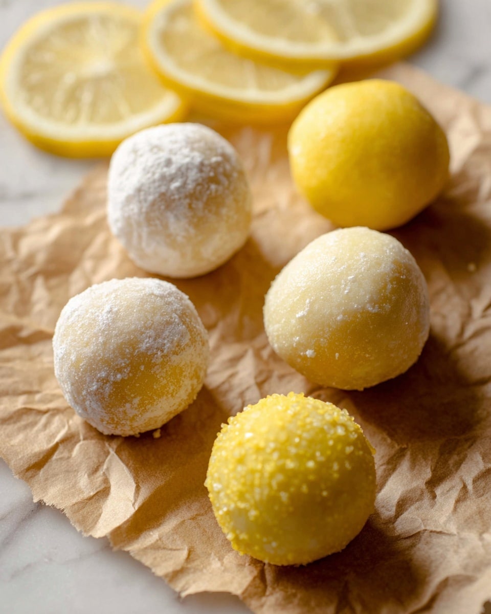 The image shows a small pile of round lemon balls on a dark plate with a scalloped edge, placed on crumpled brown paper over a white marbled surface. There are two types of lemon balls: bright yellow ones covered in coarse sugar crystals that sparkle and white ones dusted with fine powder, both having a smooth, slightly rough texture. The lemon balls are close together, with a few lemon slices blurred in the soft background, adding a light yellow color to the scene. The lighting is natural and bright, emphasizing the textured surfaces of the lemon balls and the rustic look of the plate and paper. photo taken with an iphone --ar 4:5 --v 7