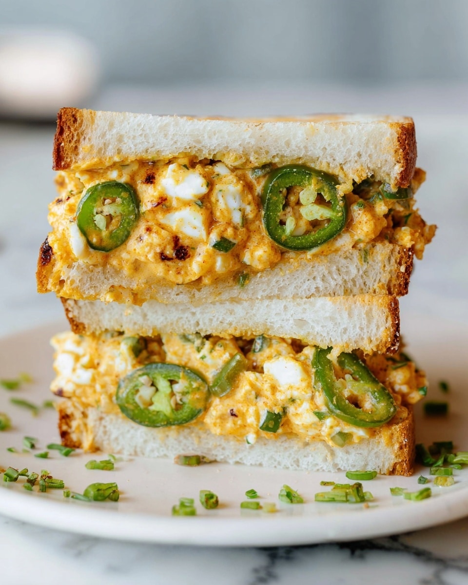 The image shows one layer of toasted bread with a golden-brown color and soft texture, topped with a thick layer of cooked scrambled eggs with some browned spots and orange hues. On top of the eggs, there are three thin green jalapeño slices placed in the center. The dish is served on a white plate with small green herb sprinkles scattered across the plate, all set on a white marbled surface. Photo taken with an iphone --ar 4:5 --v 7