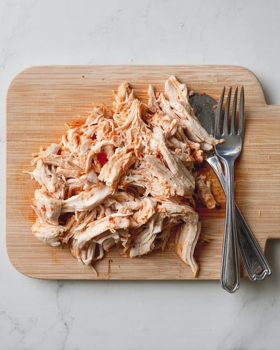 The image shows shredded cooked chicken pieces spread across a light wooden chopping board, with visible textures of white and light brown in the meat. The chicken appears tender with some parts having hints of light red or orange sauce or seasoning. Two silver forks are placed on the right side of the board, positioned side by side and slightly overlapping the chicken. The background is a clean white marbled surface. photo taken with an iphone --ar 4:5 --v 7