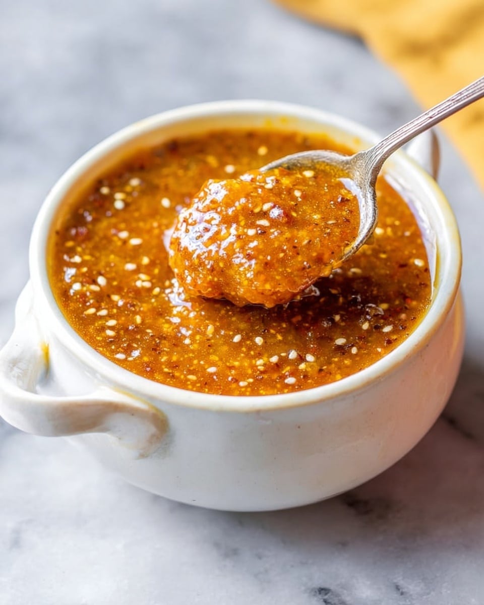 A close-up of a thick, textured sauce in a white bowl with a handle, the sauce is orange-brown with visible sesame seeds and small bits spread evenly throughout. A silver spoon lifts a scoop of the sauce, showing its rich, chunky consistency. The bowl sits on a white marbled surface with soft light highlighting the sauce’s glossy finish. Photo taken with an iphone --ar 4:5 --v 7