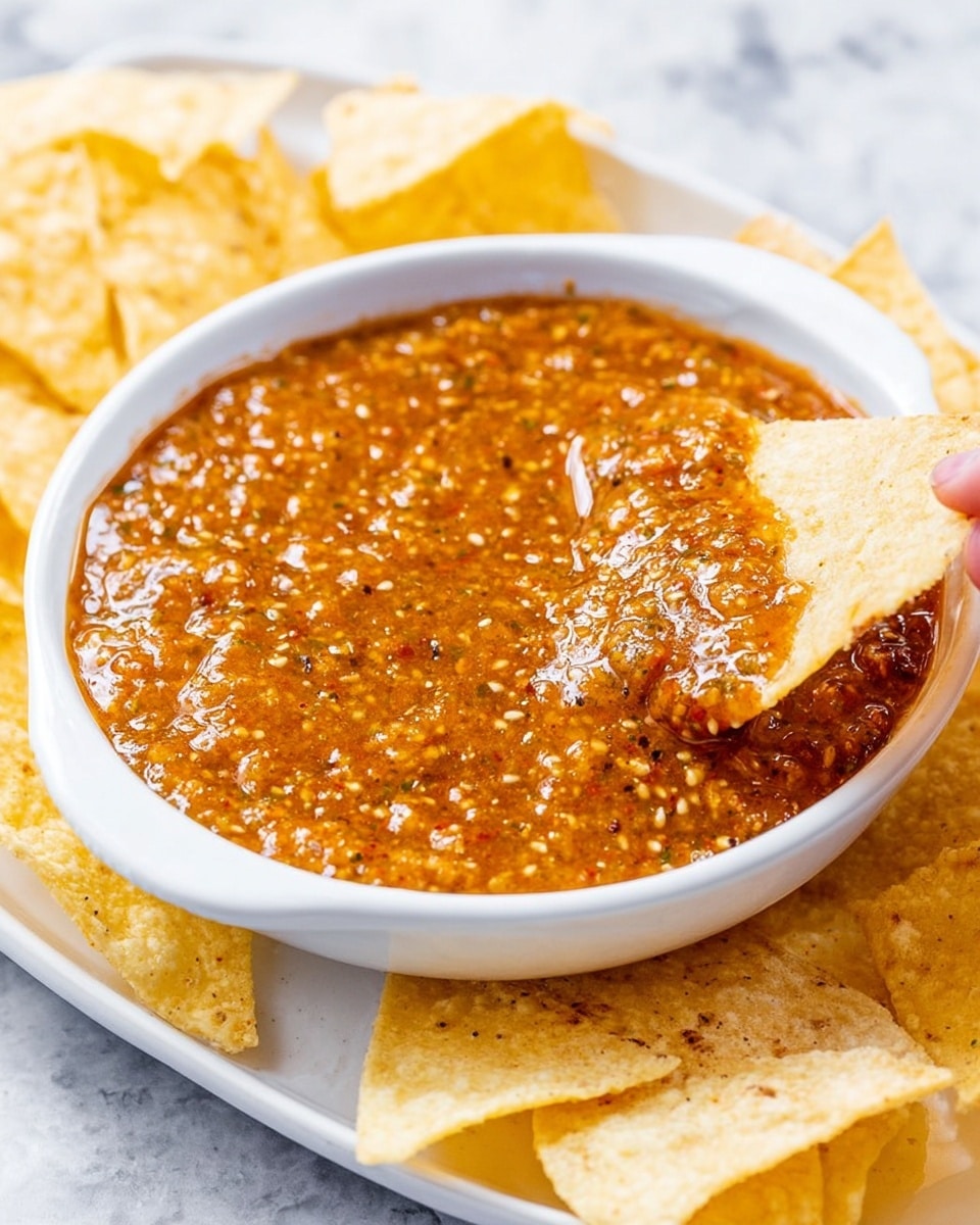 A white divided plate holds a thick, orange-brown salsa with visible seeds and bits of spices filling one section, giving it a textured and slightly chunky look. Surrounding the salsa are several pale yellow tortilla chips showing a rough, grainy surface. A woman's hand is dipping one tortilla chip into the salsa, with the chip coated in a glossy layer of the sauce. The plate sits on a white marbled surface. photo taken with an iphone --ar 4:5 --v 7