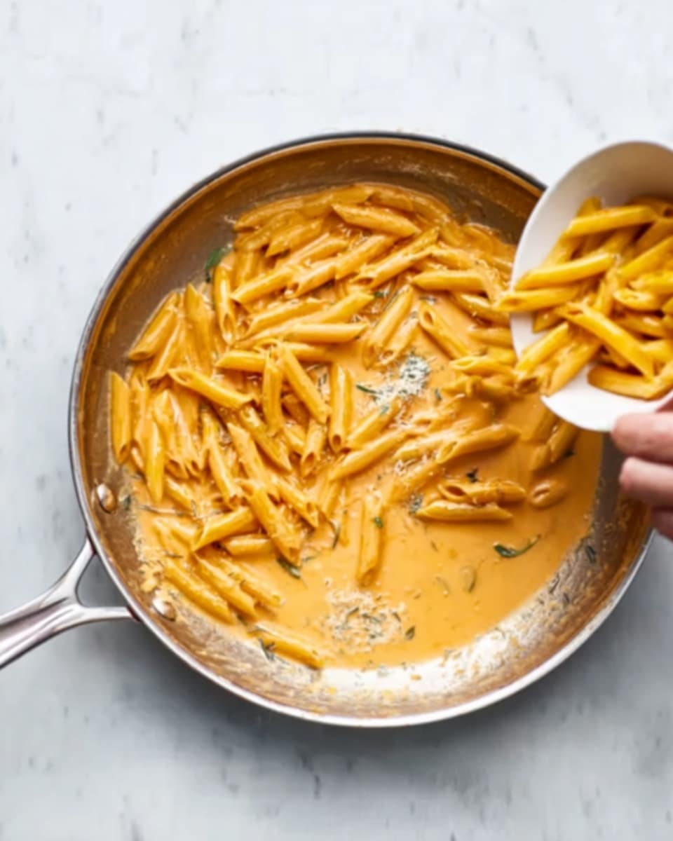 A close up view of a silver skillet on a white marbled surface, containing a creamy orange sauce with herbs and melted cheese. A woman's hand is pouring cooked yellow penne pasta from a white bowl into the skillet, with the pasta about to mix into the sauce. The sauce has a smooth, slightly thick texture with visible bits of herbs, and the penne pasta is cooked and glossy. Photo taken with an iphone --ar 4:5 --v 7