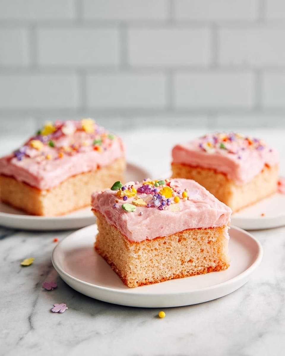 The image shows three pieces of square-shaped cake, each with two layers. The bottom layer is light brown, soft, and crumbly. The top layer is thick pink frosting with a smooth, creamy texture, decorated with small colorful round sprinkles in yellow, purple, red, and blue. Each piece is placed on a simple white plate, all set on a white marbled surface with a blurred light gray brick wall in the background, creating a clean and bright setting. Photo taken with an iphone --ar 4:5 --v 7