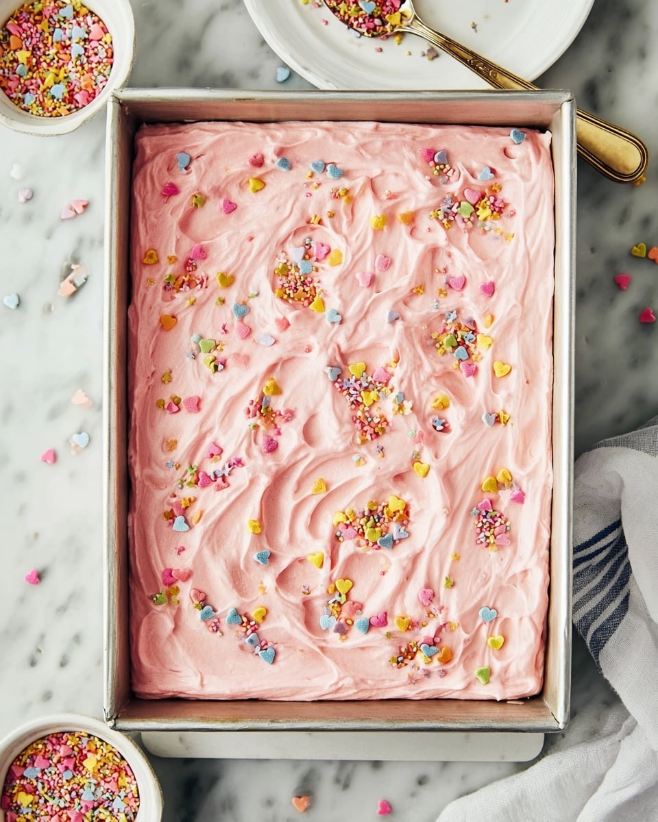 A rectangular cake in a metal pan is topped with a thick, pink frosting layer that has a soft, swirled texture. The frosting is sprinkled with small, colorful heart-shaped sprinkles scattered evenly across the surface. The pan is on a white marbled surface, with a white plate and knife positioned near the top edge of the image, and a small white bowl containing more sprinkles sits nearby. Photo taken with an iphone --ar 4:5 --v 7