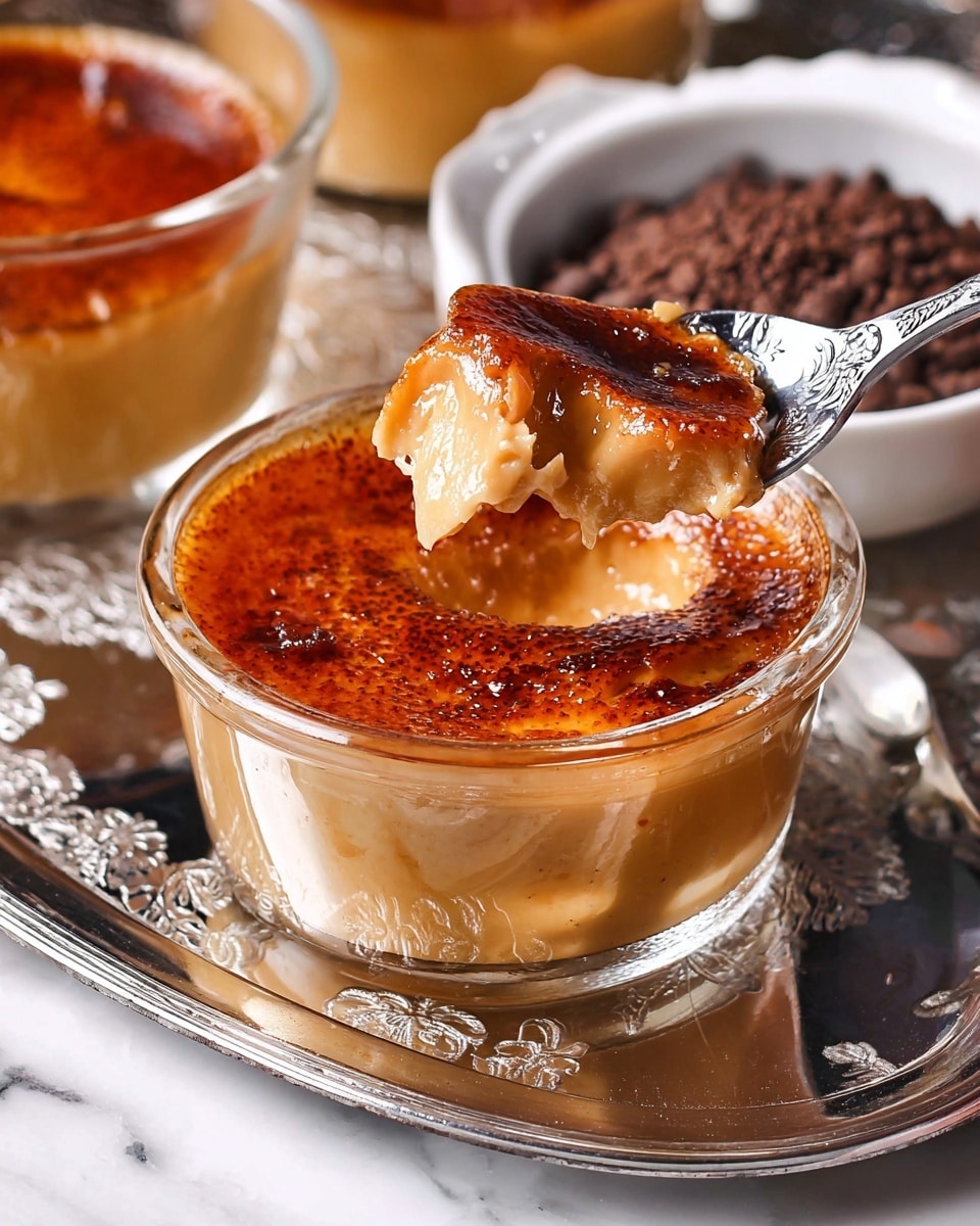 The image shows two small, clear glass bowls filled with a two-layer dessert on a shiny silver tray with engraved floral patterns. The bottom layer is smooth and pale cream color, while the top layer is a burnt orange caramelized crust that appears cracked and shiny. A silver spoon rests on the tray holding a scoop of the dessert with the caramel layer on top and creamy layer underneath. A small white bowl filled with a coarse brown and black spice mix with visible salt crystals sits nearby on the tray. The background is a white marbled surface with a partially visible piece of old book paper on the side. Photo taken with an iphone --ar 4:5 --v 7