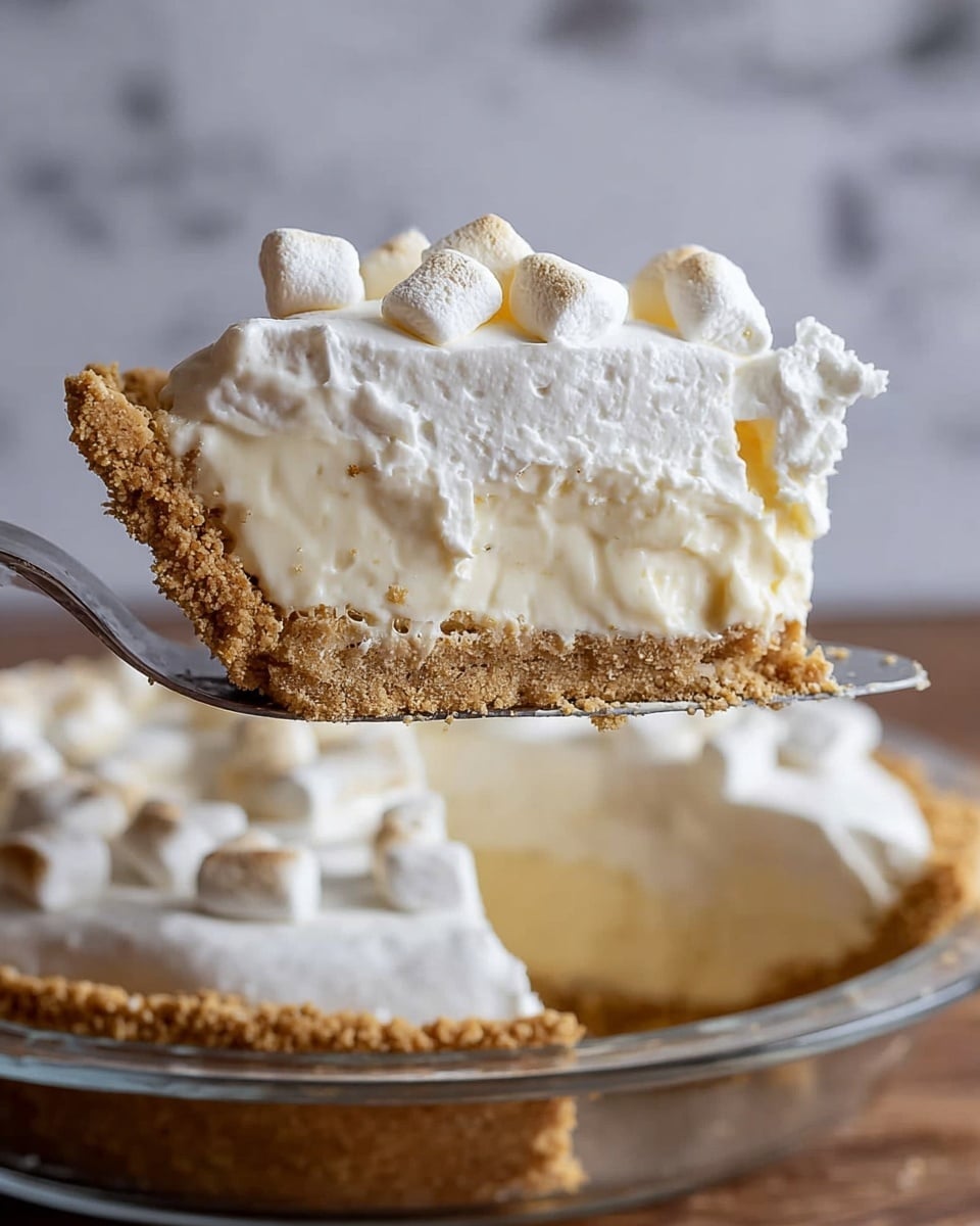 A slice of cream pie is lifted on a silver pie server, showing three clear layers: a thick, crumbly light brown crust at the bottom, a generous middle layer of smooth, thick white cream, and a top layer of fluffy white whipped cream with small white marshmallows. The pie is in a glass dish with part of the remaining pie visible below. The background is a white marbled surface. The photo taken with an iphone --ar 4:5 --v 7
