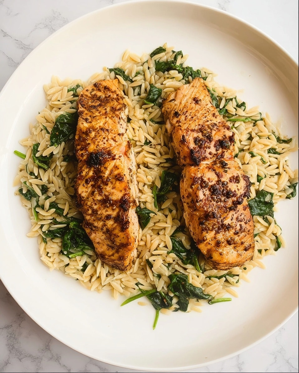 A white plate sits on a white marbled surface holding two medium-sized cooked salmon pieces, placed side by side near the middle. Beneath them is a single layer of cooked orzo pasta mixed with green spinach leaves, giving a contrast of light beige and dark green colors with a slightly glossy texture. The salmon has a golden-brown grilled appearance with some char marks and a flaky texture. photo taken with an iphone --ar 4:5 --v 7