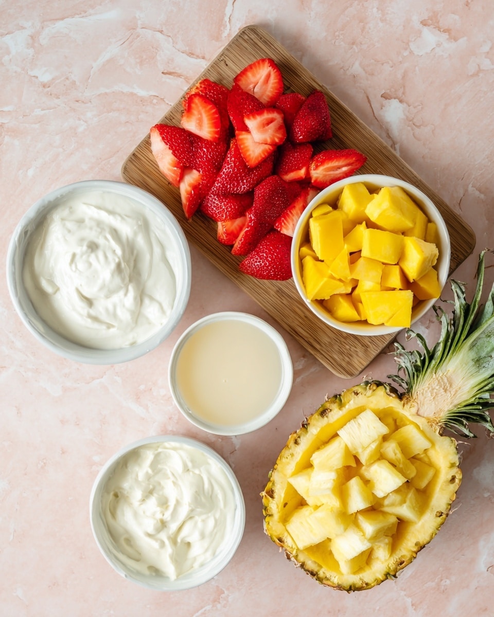 The image shows a top view of a food setup on a white marbled surface, featuring a wooden cutting board with two types of fruit: bright red sliced strawberries on the left and yellow diced mango on the right. Below the cutting board are four white bowls, each filled with different ingredients: the top bowl has a smooth white creamy substance, the bowl below it contains a pale off-white liquid, the lower left bowl has a thick white cream, and the bowl on the bottom right holds diced pineapple inside a hollowed-out pineapple shell. The colors are bright and fresh with a mix of reds, yellows, and whites, creating a clean and colorful scene. The photo taken with an iphone --ar 4:5 --v 7