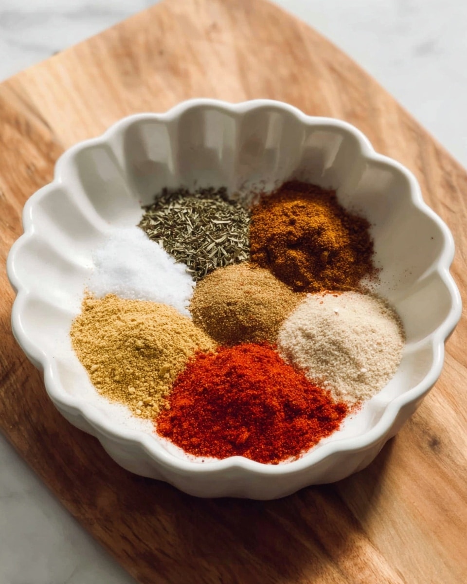 A white scalloped bowl holds six different spices arranged in small separate piles that fill the bowl. Starting from the top left and moving clockwise, there is a dark green dried herb, a brown powder, a light yellow powder, a light tan powder, a bright red powder, and a beige powder. The bowl is placed on a wooden cutting board, all set against a white marbled background. The lighting is soft and natural, showing the texture of each spice clearly. photo taken with an iphone --ar 4:5 --v 7