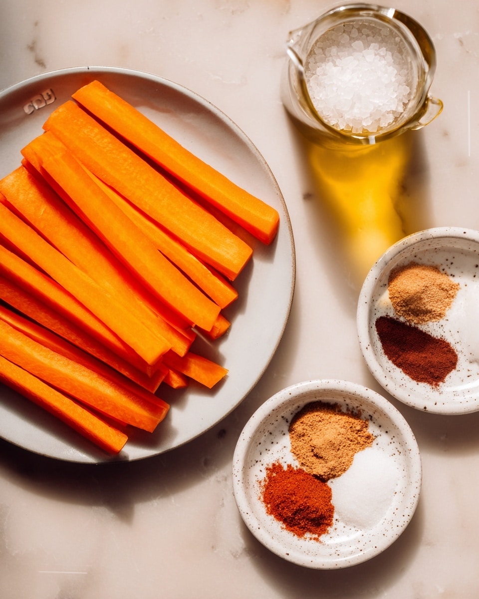 The image shows a white plate filled with bright orange carrot sticks stacked neatly in layers, each stick smooth and slightly shiny. Next to the plate is a small white bowl with coarse salt, the salt grains large and rough in texture. Nearby is a speckled white dish holding four small piles of different spices in colors ranging from light tan to deep red and brown, each spice powder finely textured and separated from the others. A clear bottle filled with golden oil stands next to the plates, reflecting light softly. All items rest on a white marbled surface with soft natural light illuminating the scene. photo taken with an iphone --ar 4:5 --v 7