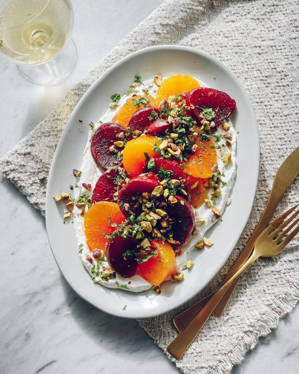 There is a white oval plate on a white marbled texture surface with a textured cloth nearby. On the plate, the first layer is a spread of smooth white creamy cheese. On top, there are colorful slices of blood oranges, dark red beet segments, and bright orange roasted pieces arranged evenly. The dish is garnished with chopped green herbs and sprinkled with small green pistachio nuts. Two gold forks rest on either side of the plate. A glass of light yellow beverage is partially visible at the top left. photo taken with an iphone --ar 4:5 --v 7