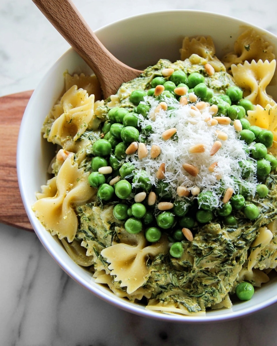 A white bowl is filled with bowtie pasta coated in a green creamy sauce with visible leafy bits, forming the bottom layer. On top of the pasta, there is a heap of bright green frozen peas, slightly frosty in appearance. Above the peas, a small mound of finely grated white cheese adds a soft texture. The very top layer shows a sprinkling of light brown pine nuts. The bowl sits on a white marbled surface, with a wooden spoon partially visible on the left side. photo taken with an iphone --ar 4:5 --v 7