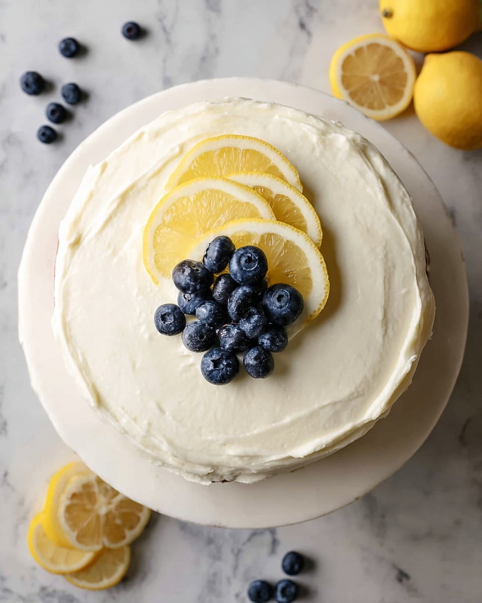 A three-layer round cake with light yellow sponge layers filled with white cream and scattered whole blueberries inside each layer. The cake is fully covered in smooth white frosting. On top, there are five fresh blueberries and two thin lemon slices placed in the center. The cake is on a white marble cake stand, and the background has a white marbled texture. photo taken with an iphone --ar 4:5 --v 7