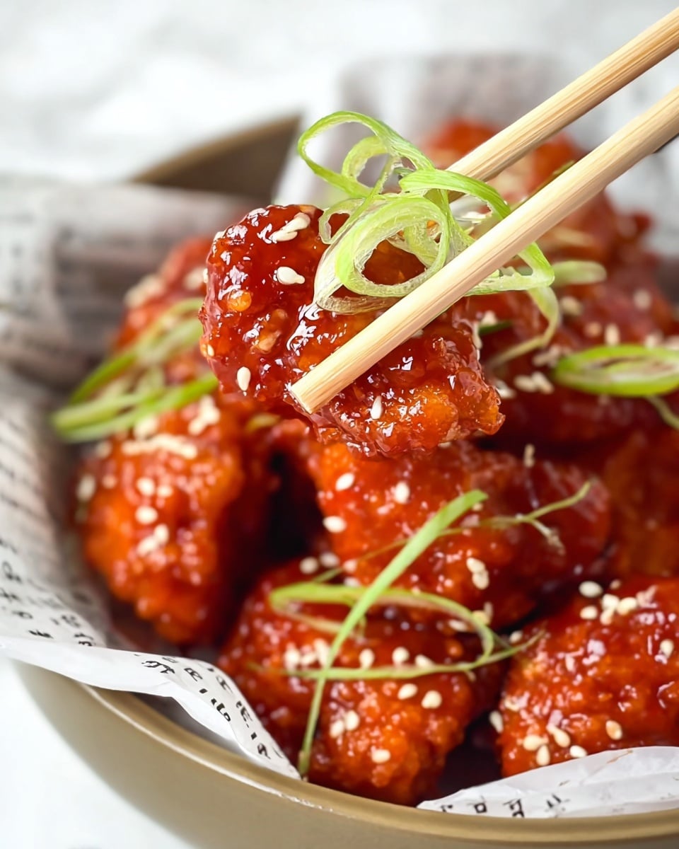 The image shows a close-up of several pieces of crispy chicken coated in a shiny, thick reddish-brown sauce, sprinkled with small white sesame seeds. Each piece has a slightly bumpy texture visible under the sauce. On top, thin green strips of fresh scallion peel curl lightly, adding a fresh contrast to the rich sauce. One piece of chicken is held up by a pair of light wooden chopsticks, showing a glossy coating and sprinkled sesame seeds. The background is a white marbled surface with the bowl lined with white paper that has black text printed on it. photo taken with an iphone --ar 4:5 --v 7