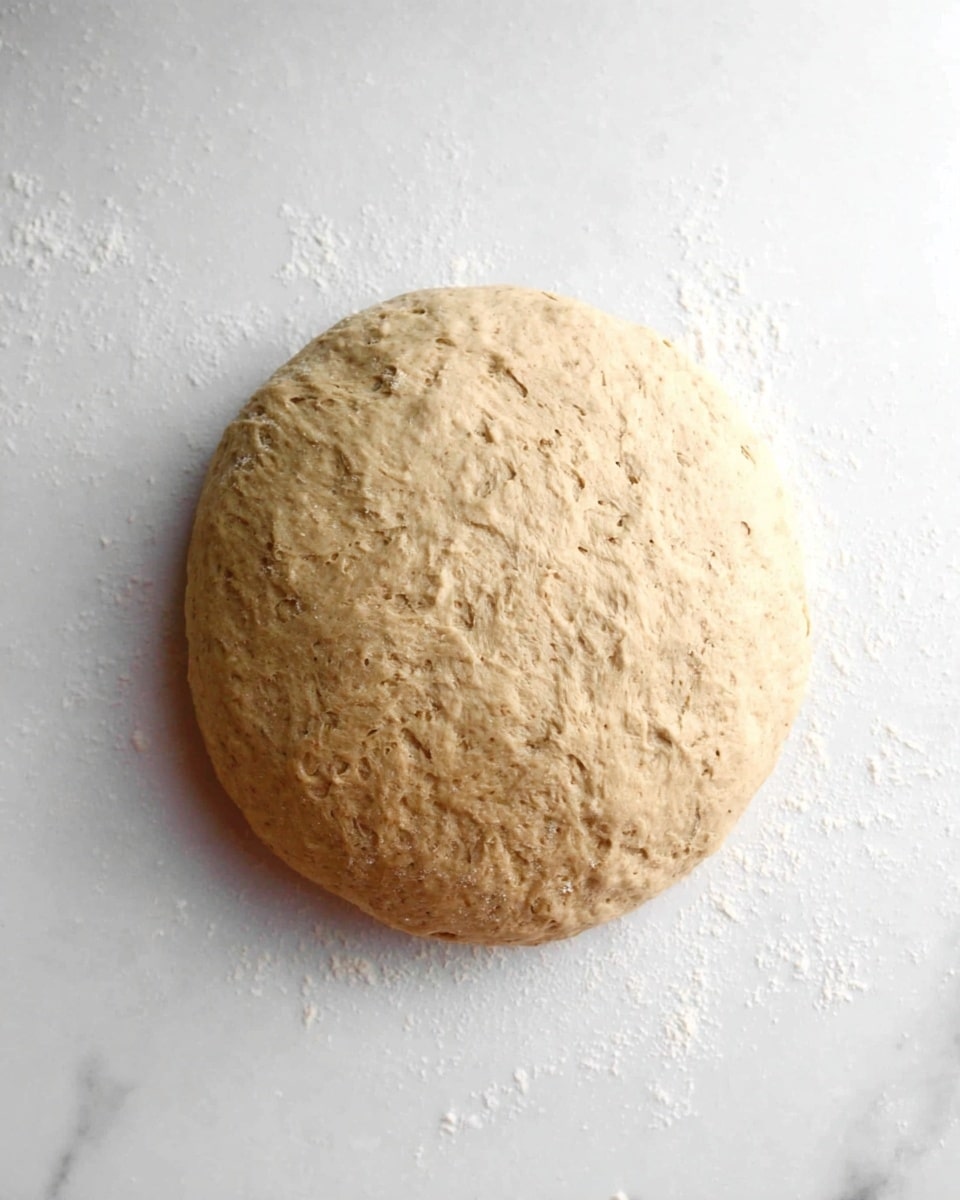 A round ball of risen dough with a light brown color and slightly rough texture sits alone on a white marbled surface dusted with a small amount of flour. The dough looks soft and slightly puffy, with small air bubbles visible on its surface, showing it has been well proofed. photo taken with an iphone --ar 4:5 --v 7