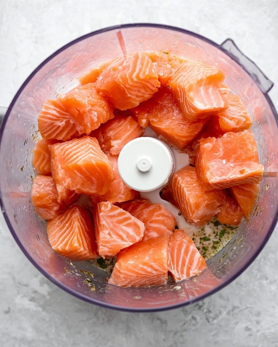 This image shows many chunks of raw salmon placed inside a clear food processor bowl. The salmon pieces are bright orange with light pink stripes and have a fresh, smooth texture. They are arranged loosely in a single layer, filling most of the bowl’s space, with a white plastic blade in the center. Small green herb bits and light foam are visible around the salmon inside the bowl. The food processor sits on a surface with a white marbled texture. Photo taken with an iphone --ar 4:5 --v 7