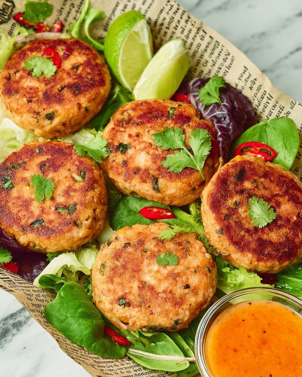 Five golden-brown patties with small green herb bits are placed on a bed of mixed green leafy lettuce, including spinach and other greens, on a layer of text-printed paper, all resting on a white marbled surface. The patties are round and slightly thick, with a crispy texture on top, each garnished with a small green leaf or a slice of red chili pepper. There are two lime wedges placed among the greens, and a clear small round cup of bright orange dipping sauce is visible on the right side. The photo taken with an iphone --ar 4:5 --v 7