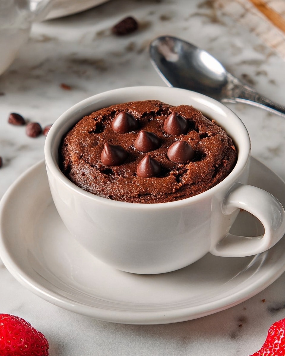 A white mug on a white plate holds a single-layer chocolate mug cake with a slightly cracked, soft top texture. The surface of the cake is dotted with shiny, melted chocolate chips that add depth and richness. The mug sits on a white marbled surface, surrounded by scattered chocolate chips and fresh, bright red strawberries with green leaves, adding color contrast. photo taken with an iphone --ar 4:5 --v 7