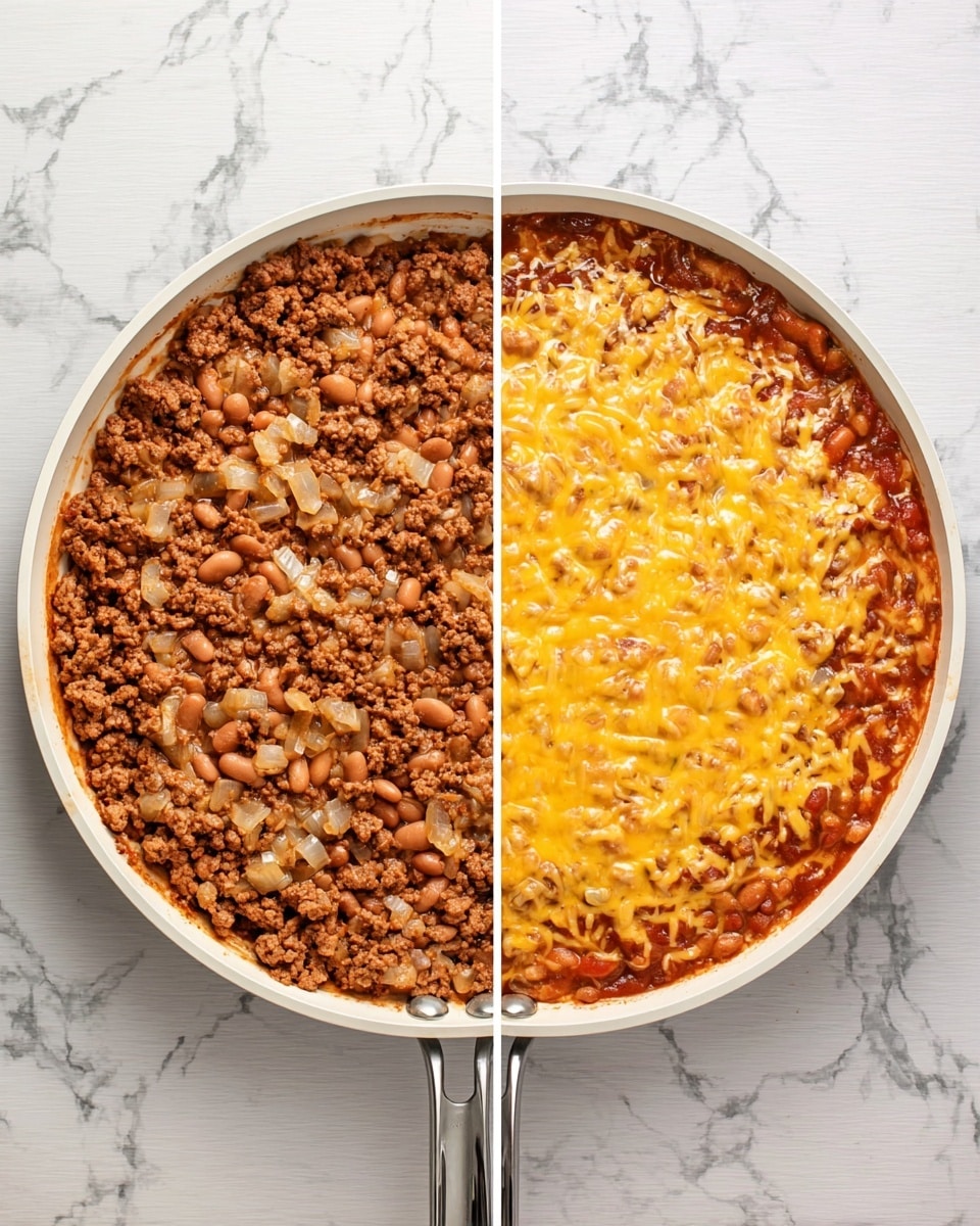 The image shows a round white pan with two views side by side, placed on a surface with a white marbled texture. On the left side, the pan contains a cooked mix of browned ground meat, light brown beans, and small pieces of translucent white onion, all mixed closely with a reddish sauce. On the right side, the same pan shows the same meat and bean mix but now with a thick, even layer of melted cheese on top, which is a blend of different shades of yellow and white. The melted cheese creates a creamy, slightly bubbly texture covering the whole surface of the meat and beans. Photo taken with an iphone --ar 4:5 --v 7