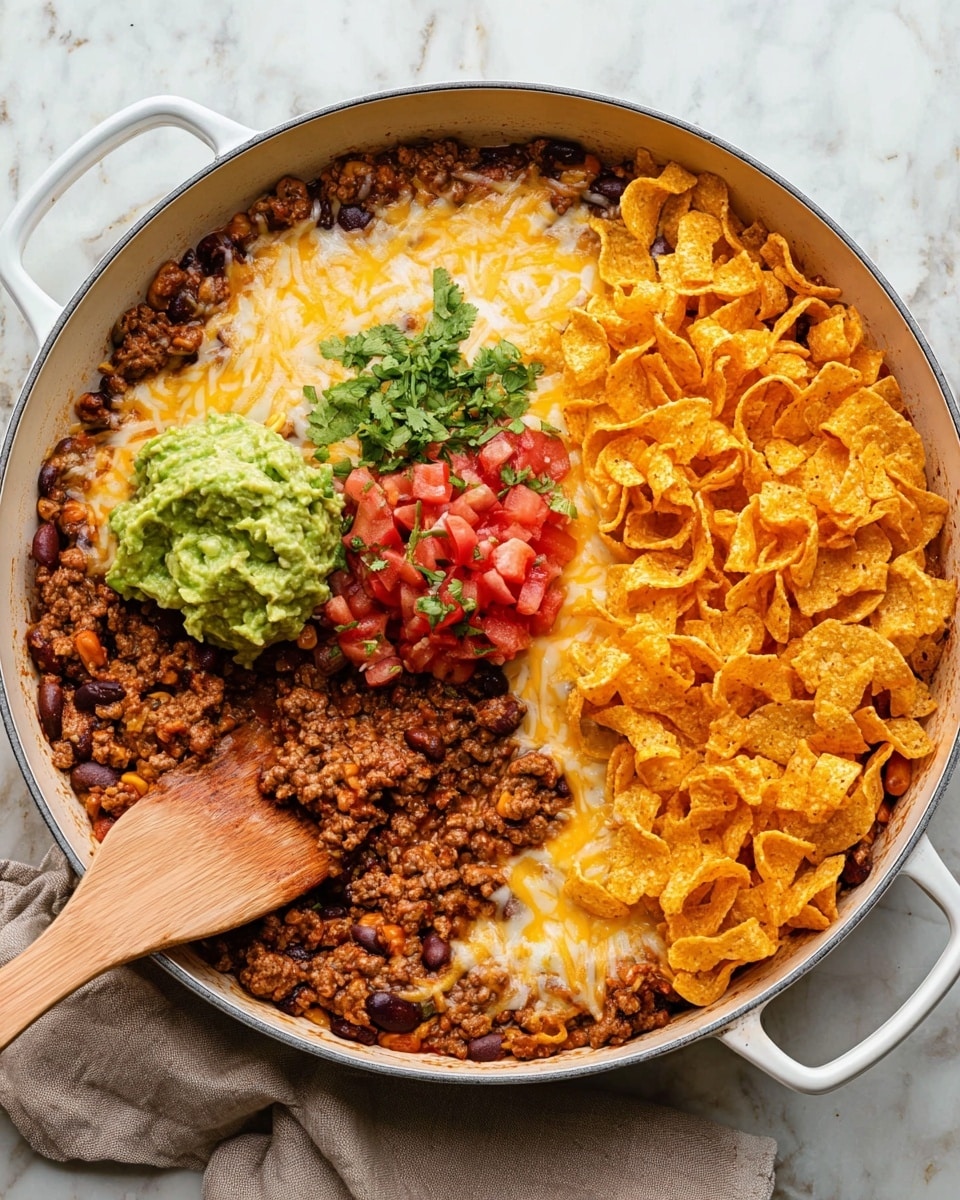 The dish is shown in a white pan filled with a base layer of cooked ground meat mixed with beans and onions, giving a dark brown and soft texture all around. On top of this, there is a thick layer of melted yellow and white cheese covering most of the pan. On the right side, there is a dense pile of curled orange corn chips adding a crunchy texture. In the middle-left, there is a small mound of bright green mashed avocado garnished with chopped herbs. Above that, there is a small serving of red and green diced salsa that brings a fresh and colorful contrast. The pan is placed on a white marbled surface with a white cloth nearby and a glass bowl filled with fresh cilantro to the top right. photo taken with an iphone --ar 4:5 --v 7