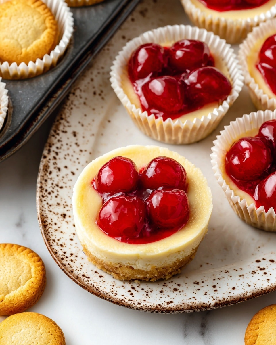 The image shows several small round tarts with two distinct layers on a white marbled surface. The bottom layer is a pale yellow crust with a slightly rough texture and scalloped edges. The top layer is a glossy, deep red cherry filling with whole cherries visible, creating a shiny, smooth surface that contrasts with the matte crust. The tarts are arranged close to each other, filling the frame with some overlapping the edges. photo taken with an iphone --ar 4:5 --v 7