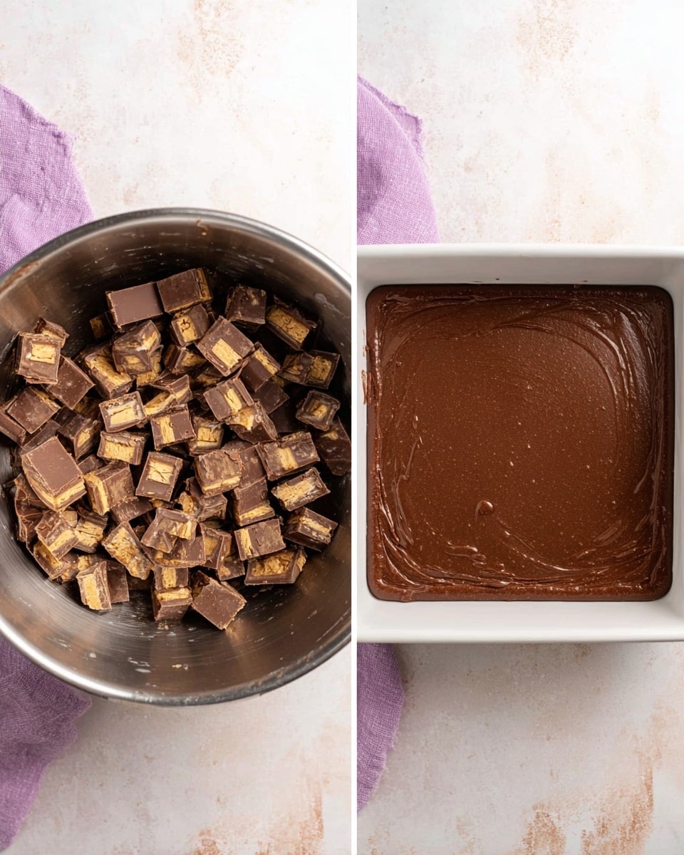 The left image shows a silver metal mixing bowl with smooth dark brown chocolate batter inside, topped with many small, chunky pieces of chocolate candy bars that have light tan nougat and caramel visible within the chopped pieces, sitting on a white marbled surface with a soft purple cloth nearby. The right image shows a white square baking pan filled with an even, thick layer of smooth, dark brown chocolate batter spread flat in the pan, also on a white marbled surface with the same soft purple cloth slightly visible at the corner. photo taken with an iphone --ar 4:5 --v 7