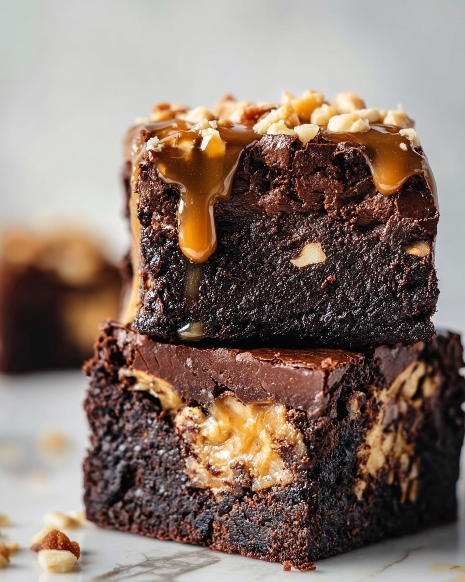 The image shows a close-up of two thick square pieces of dark chocolate brownie stacked on top of each other on a white marbled surface. The top brownie piece has a glossy caramel sauce dripping down its sides and is topped with light beige crushed nuts that add texture. The brownies have a dense and fudgy texture with visible bits of nuts or caramel swirled inside, giving patches of lighter brown and beige within the dark chocolate. The caramel sauce is shiny and smooth, creating a contrast with the rough, crumbly surface of the brownies. In the blurred background, you can see another piece of brownie. photo taken with an iphone --ar 4:5 --v 7