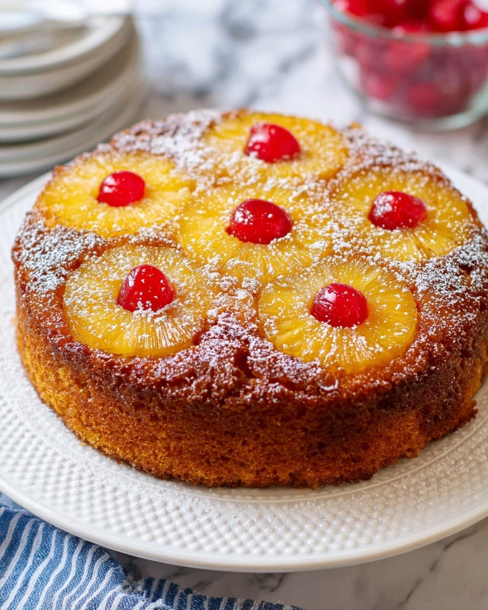 A round upside-down pineapple cake with one slice removed sits on a white plate with a raised dotted edge. The top layer has golden-brown caramelized pineapple rings, each with a bright red cherry in the center, and a light dusting of powdered sugar over the whole top. The cake itself is a thick, moist yellow layer, showing inside where the slice is taken out. The background is white marbled texture with a bowl of extra cherries and a small container of powdered sugar slightly blurred to the side. photo taken with an iphone --ar 4:5 --v 7