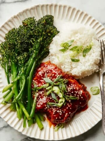 Sheet Pan Gochujang Chicken with Crispy Rice and Broccolini Recipe