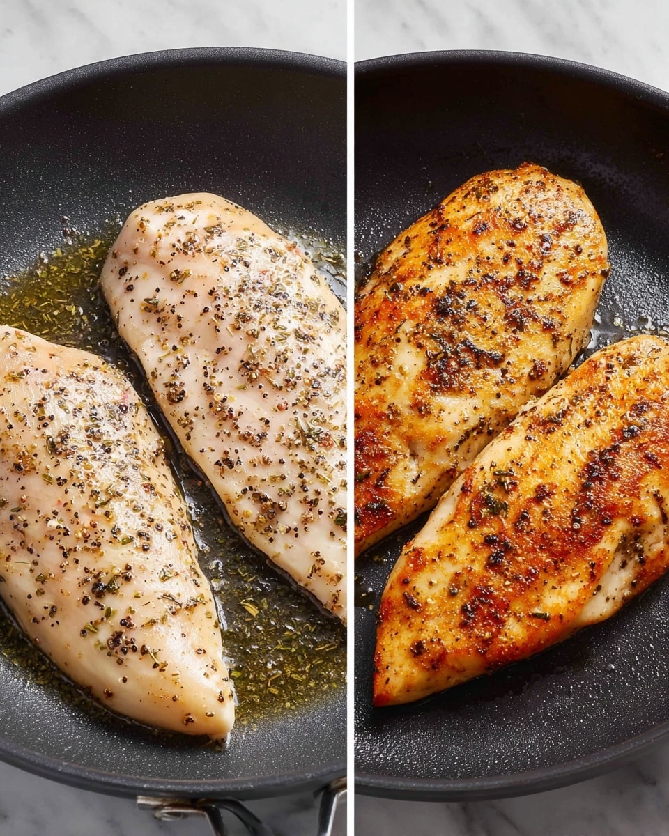 The image shows two side-by-side views of chicken cooking in a black frying pan. On the left side, two raw chicken fillets sit in oil, sprinkled with black pepper and herbs, pale pink in color with slight shine from the oil. On the right side, the same two chicken fillets appear cooked, with a golden brown color from searing, speckled with darker brown and black seasoning pieces. The texture looks firm and slightly crispy on the edges, with a glossy finish from the oil in the pan. The background is a white marbled surface. photo taken with an iphone --ar 4:5 --v 7