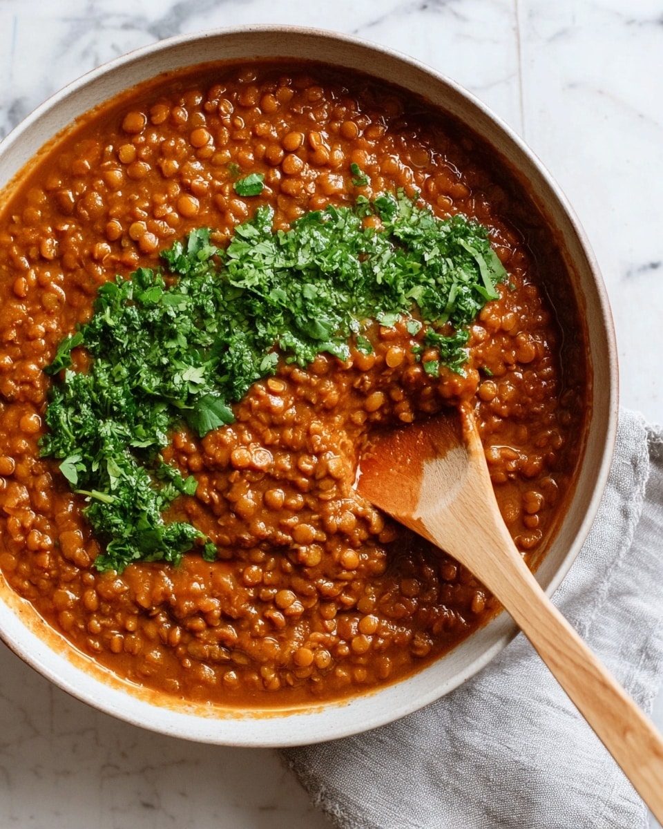 A close-up view of a white bowl filled with a thick, reddish-brown lentil stew that shows a chunky texture made of small lentils. On top of the stew, there is a generous layer of bright green chopped fresh cilantro spread in the middle area. A wooden spoon with a smooth light brown color is positioned on the right side inside the bowl, partially stirring the stew and lifting some of it. The bowl is placed on a white marbled surface, and a light gray cloth is slightly visible near the bottom right edge. photo taken with an iphone --ar 4:5 --v 7
