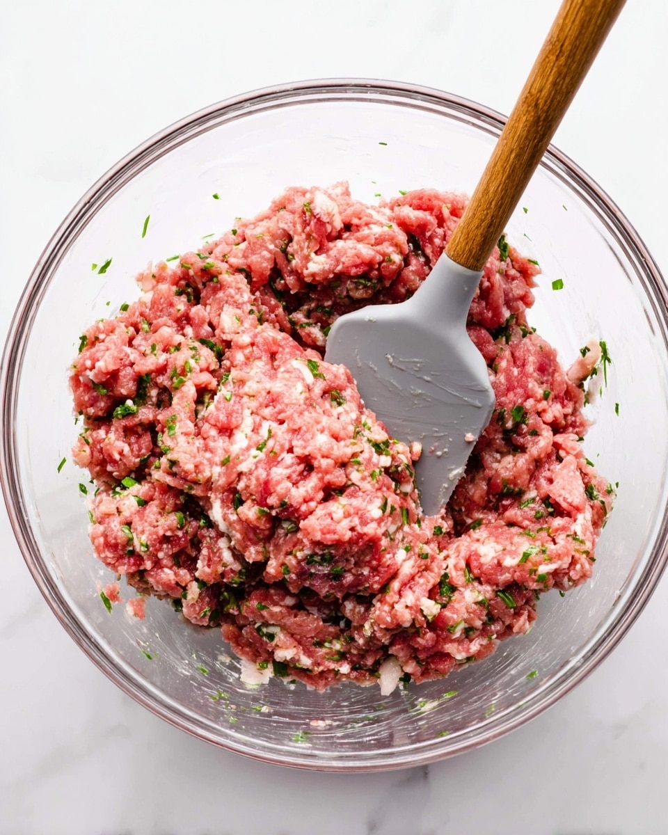 A clear glass bowl filled with a mixture of raw ground meat, showing a pink and red texture with small bits of white fat and green herbs scattered throughout. A grey spatula with a wooden handle is inserted into the mixture, standing upright in the center. The bowl is placed on a white marbled surface, creating a clean and bright background. photo taken with an iphone --ar 4:5 --v 7