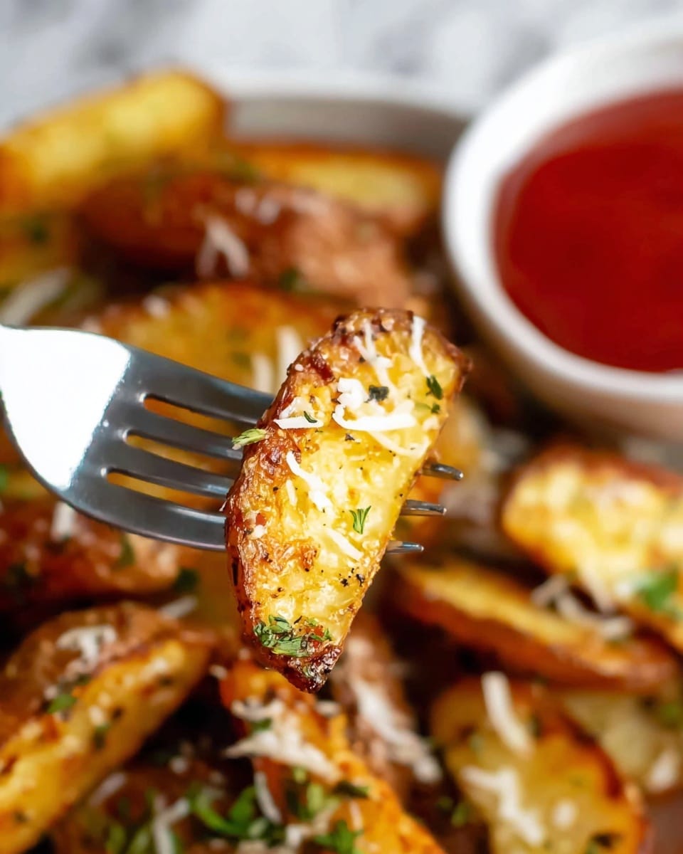 A close-up view shows a silver fork holding one golden-brown roasted potato wedge with a crispy texture, sprinkled with white shredded cheese and small green herb pieces on top. In the blurred background, more roasted potato wedges form a pile, featuring the same golden color and cheese herb garnish. To the upper right, there is a white bowl filled with red sauce. The dish rests on a white marbled texture surface. photo taken with an iphone --ar 4:5 --v 7
