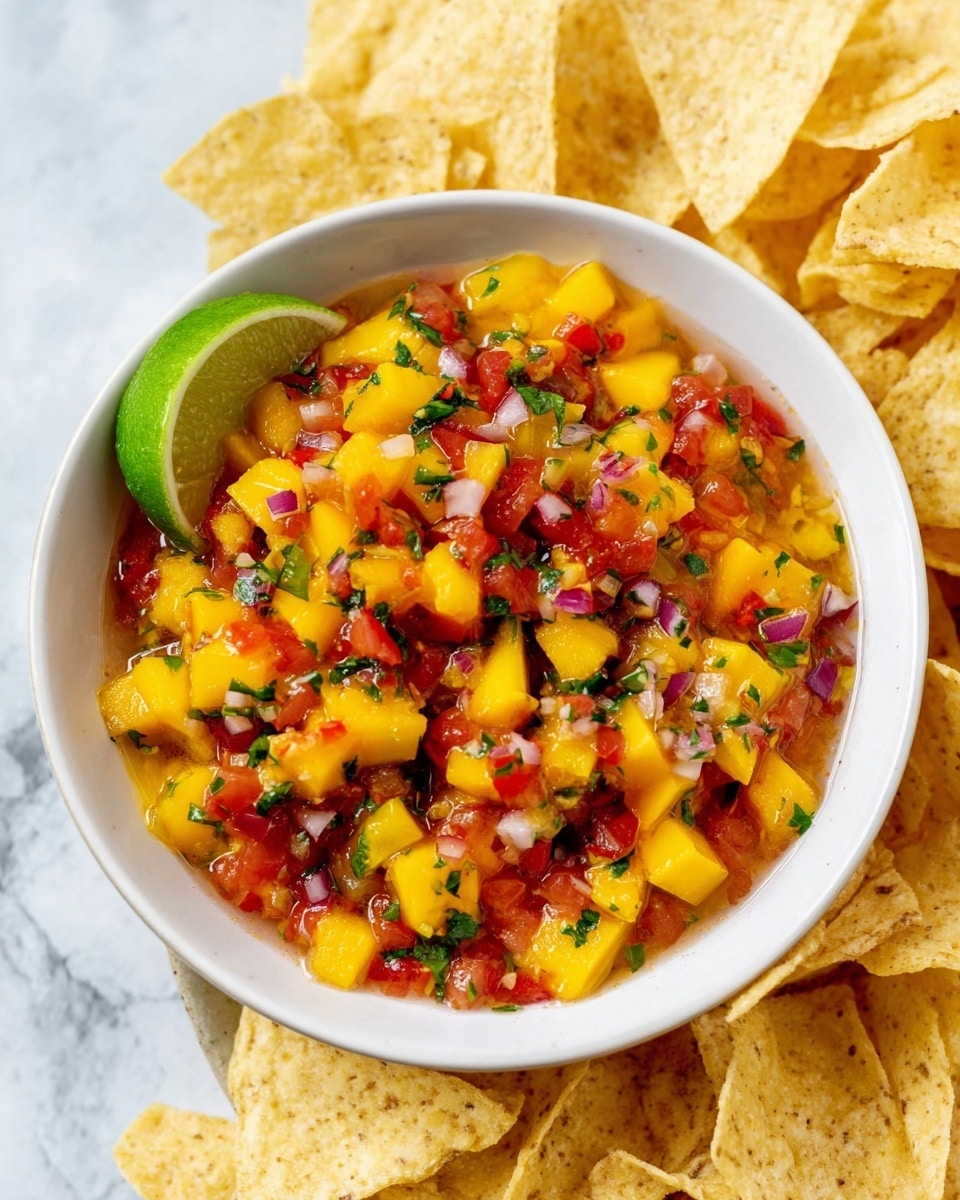 A white bowl filled with chunky salsa made of small bright yellow mango pieces, red tomatoes, green herbs, and purple onions all mixed together. The salsa fills the bowl up to the edges and is garnished with a green lime wedge resting on the side inside the bowl. Surrounding the bowl, there are many overlapping pale yellow tortilla chips with a rough, crispy texture on a white marbled surface. photo taken with an iphone --ar 4:5 --v 7