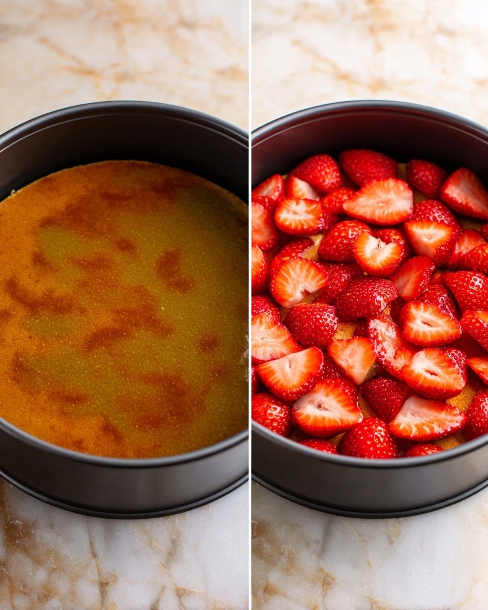 The image shows a two-step process of making a dessert in a round black springform pan on a white marbled surface. In the first step, the pan is filled with a smooth, shiny golden-brown layer that has a slightly uneven texture with some darker patches. In the second step, the same golden-brown layer is topped with fresh, bright red strawberry halves evenly spread out, their inside white parts and seeds visible, creating a vibrant, colorful top layer. Photo taken with an iphone --ar 4:5 --v 7