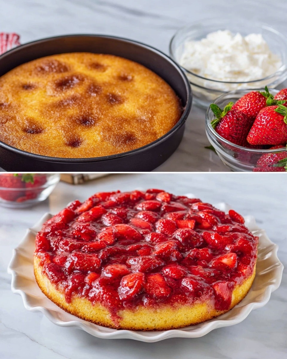 The left side shows a round golden brown cake with slightly bubbled texture on top, inside a black baking pan. The right side shows the same cake flipped upside down on a white plate with curly edges, revealing a thick layer of bright red strawberries cooked until soft and glossy, covering the entire top. The bottom cake layer is light yellow and looks soft and moist. Behind the plate, there are two small clear bowls, one filled with white whipped cream and the other with fresh whole strawberries, all placed on a white marbled surface. Photo taken with an iphone --ar 4:5 --v 7
