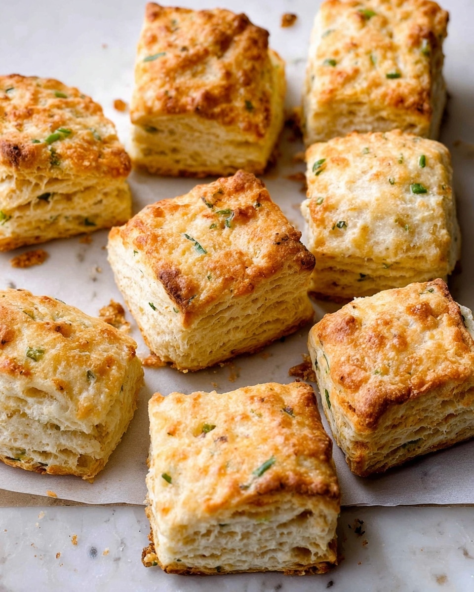 The image shows a group of square biscuits placed on parchment paper over a white marbled surface. Each biscuit has about four visible layers with a light golden brown top and edges, showing a soft and flaky texture inside. The biscuit layers are a pale cream color with small green herb specks scattered throughout, and the tops have a slightly rough and uneven surface with a crispy look. The biscuits are arranged loosely, some touching each other, others slightly apart, with a few crumbs around them. Photo taken with an iphone --ar 4:5 --v 7